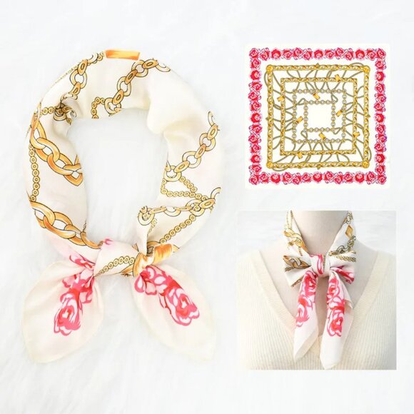 2/$30 Chain & Floral Silk Satin Scarf Large Square Head Scarf Bag Charm Bandana - Picture 1 of 6